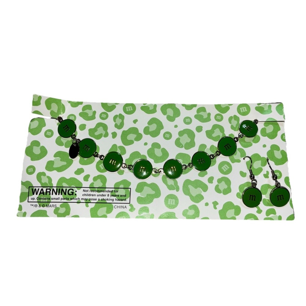 M&M's World Las Vegas Bracelet And Earrings Set Silver‎ Green Enamel Y2K NEW